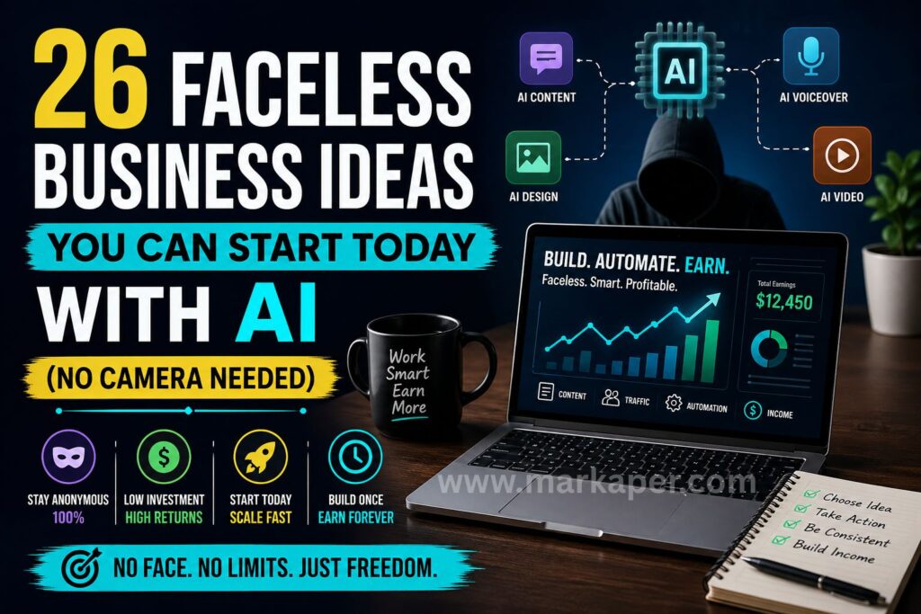 Faceless business ideas concept showing laptop with AI tools, digital products, and online income streams in dark modern workspace www.markaper.com