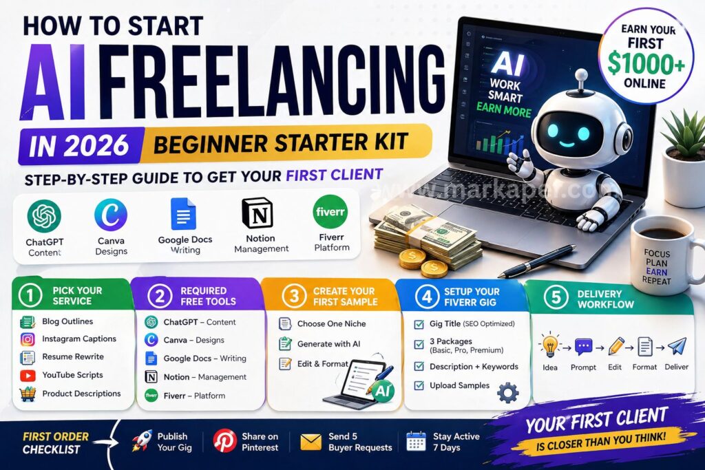AI freelancing starter kit 2026 infographic showing step-by-step guide to get first client, including tools like ChatGPT, Canva, Google Docs, Notion, Fiverr, and workflow for beginners to earn money online AI Freelancing for Beginners: Earn Your First $100 Online