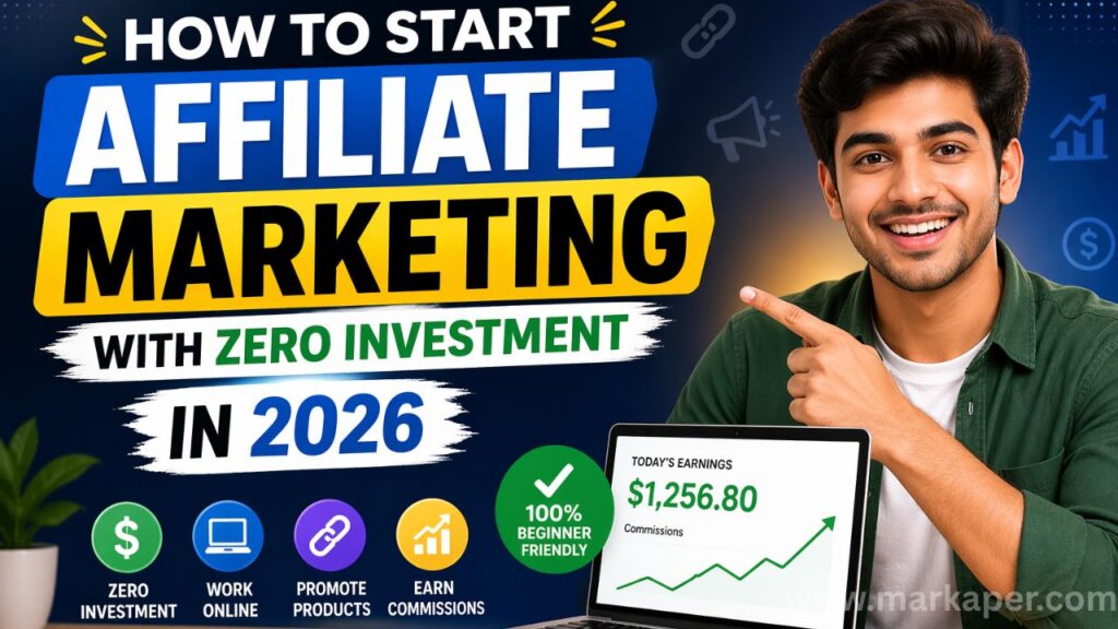 How to start affiliate marketing with zero investment in 2026, featuring a smiling young man pointing at a laptop showing earnings growth, with bold text and icons representing online work, product promotion, and earning commissions.