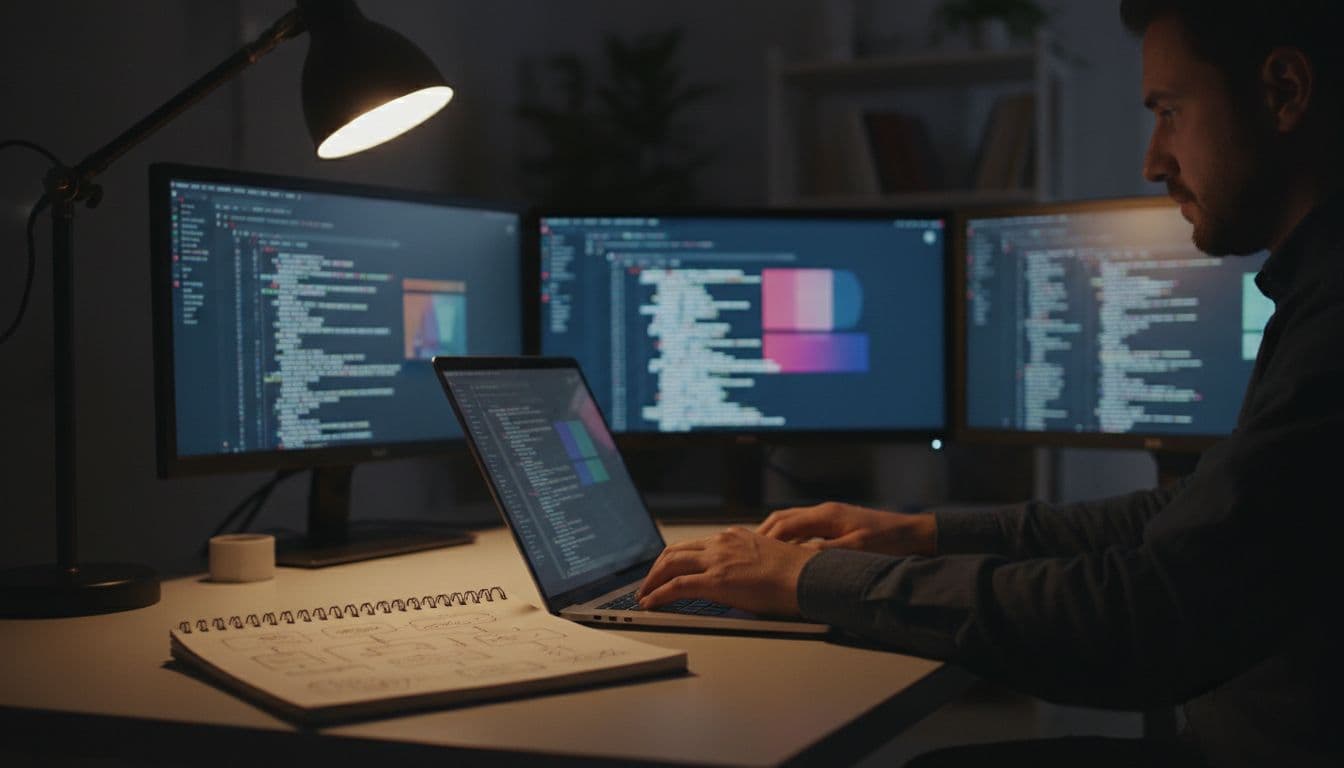 Solo creator types on laptop at desk with blurred screens, notebook sketches, and focused desk lamp in dim room.
