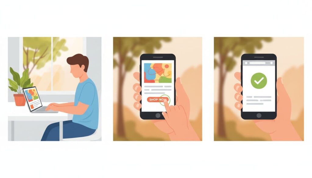 Three-panel vector illustration depicting the affiliate marketing flow: a person creating content on a laptop in a home office, a viewer clicking a link on their phone screen, and completing a purchase with a success checkmark.
