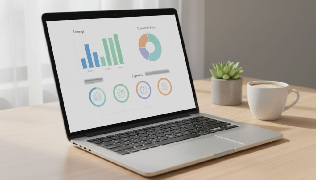 Realistic photo of a laptop on a desk displaying a clean affiliate dashboard with charts and icons, viewed from the side with a coffee cup nearby and natural office lighting.