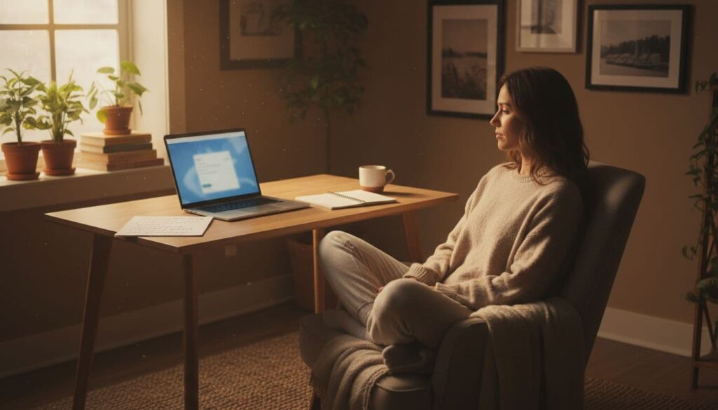 A relaxed beginner sits at a simple desk in a cozy home office with an open laptop faintly displaying an affiliate signup page, a nearby notebook listing niche ideas like crypto wallets, one coffee mug, and natural window light in realistic photo style.