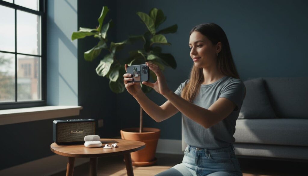 One person in a bright living room naturally holds a smartphone at eye level to film a product demo or tutorial, with a simple plant background, in cinematic style with dramatic lighting and muted tones.
