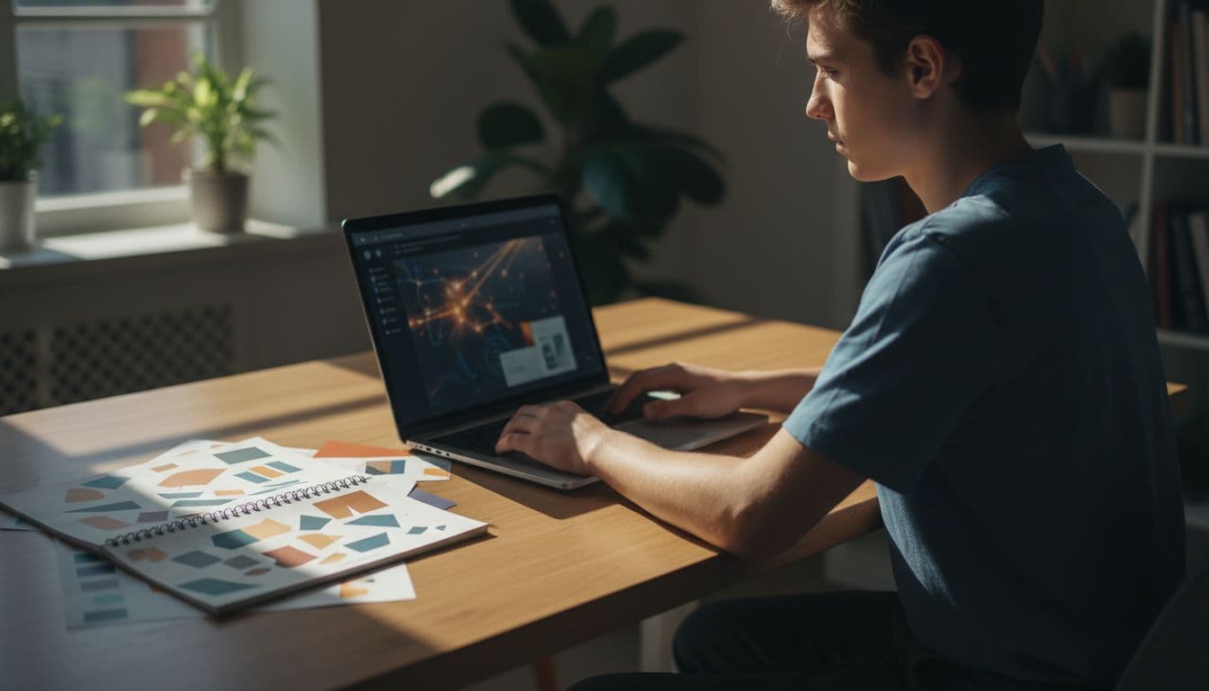 Young adult designs graphics on laptop at wooden desk with template mockups and color swatches on notepad nearby.