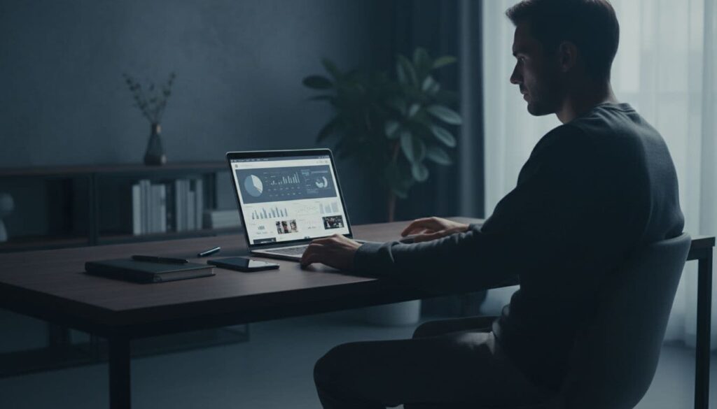 One person seated at a desk in a modern home office with a laptop displaying a generic e-commerce dashboard, hands on mouse researching products, smartphone and notepad nearby, in cinematic style with dramatic side lighting and muted tones.