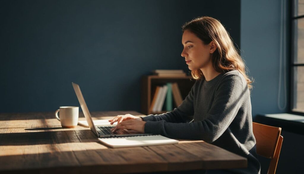 One person seated at a wooden desk in a bright home office, typing on a laptop with relaxed hands on the keyboard, notebook and coffee mug nearby, captured in a side angle showing focused productivity in cinematic style.
