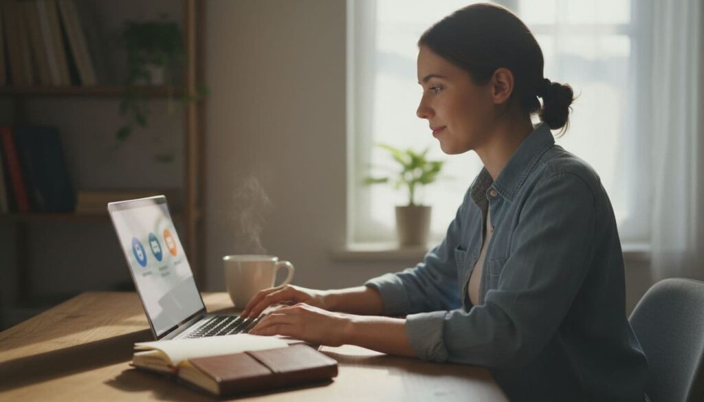 A single beginner in a cozy home office sits at a desk with a laptop screen angled to show faint icons for Reddit, Discord, and Facebook group. Hands relaxed near the keyboard as if typing a helpful comment, with a notebook and coffee mug nearby, in a realistic photo with soft natural light.