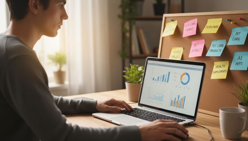 A focused beginner sits relaxed at a cozy home desk with an open laptop, surrounded by sticky notes listing simple profitable niches like personal finance, crypto wallets, pet care, health supplements, and AI apps. Natural window light illuminates the realistic photo of this beginner-friendly brainstorming setup.
