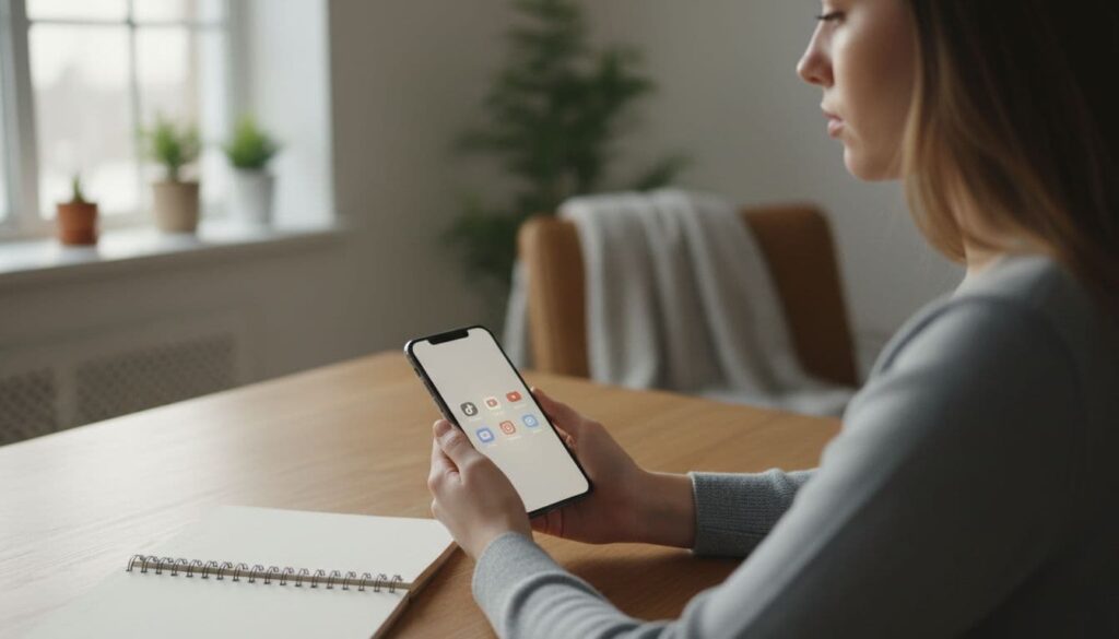 Exactly one beginner in a cozy home office holds a smartphone displaying faint app icons for TikTok, YouTube, Pinterest, and Instagram at an angle, with relaxed hands resting the phone on the desk beside a notebook, captured in a realistic photo with natural window light and simple composition focused on the phone and person.