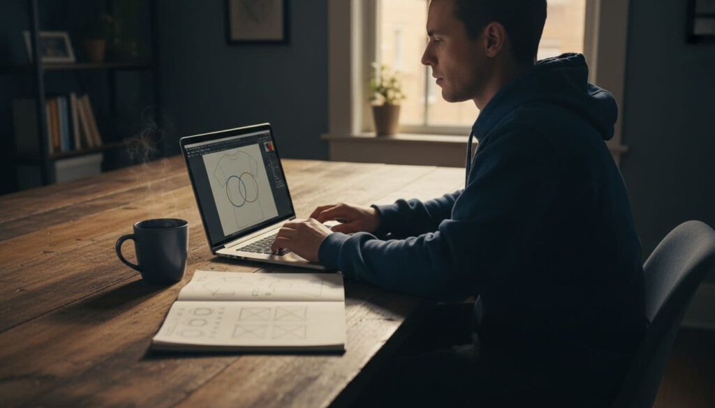 One person seated at a wooden desk in a bright home office, using laptop to create simple t-shirt design graphic, relaxed hands near keyboard, mug of coffee and notebook with sketches nearby, cinematic style with dramatic side lighting.