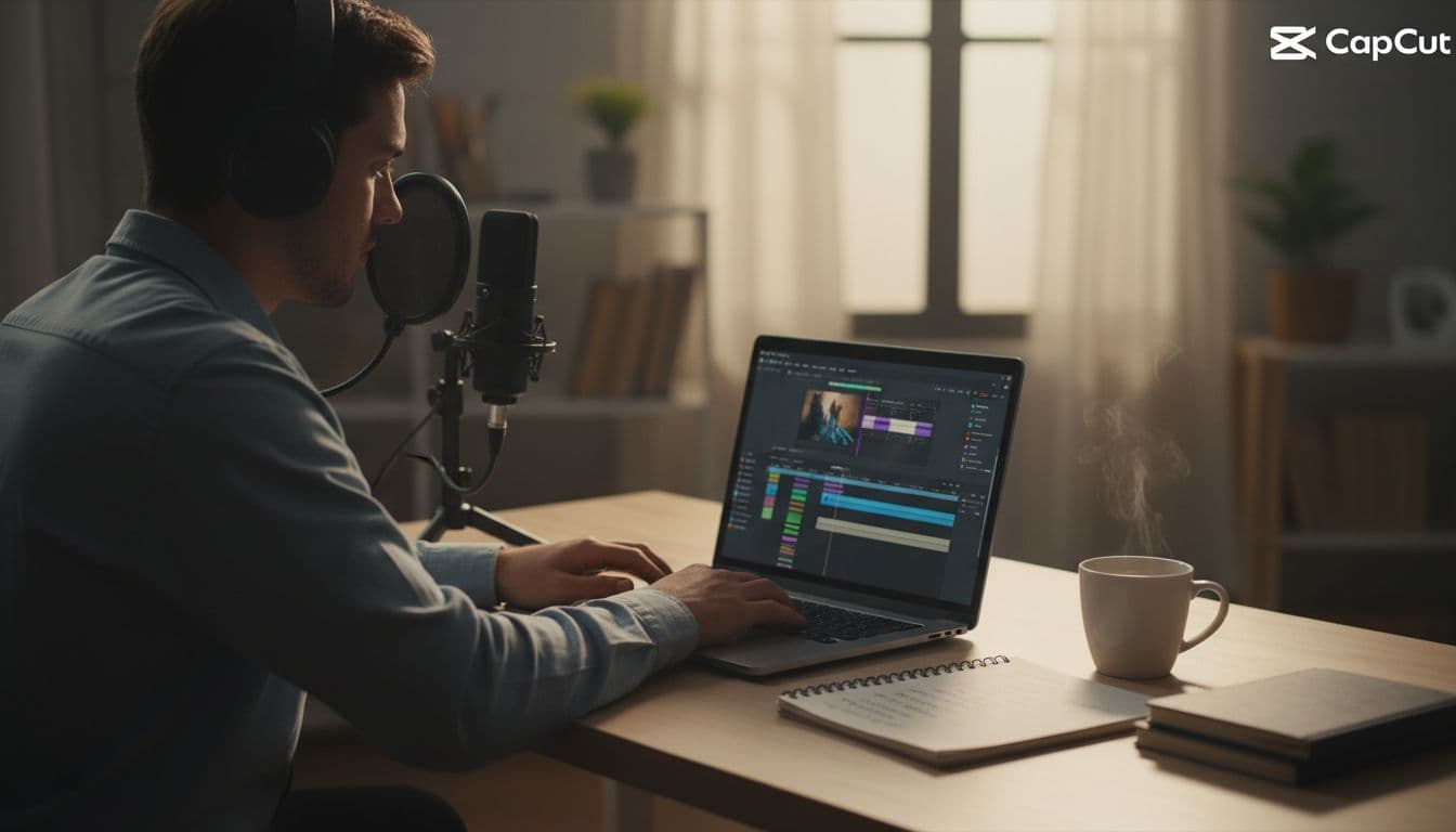 Young adult at wooden desk edits video on laptop with headphones on, microphone, notepad, and coffee mug nearby.