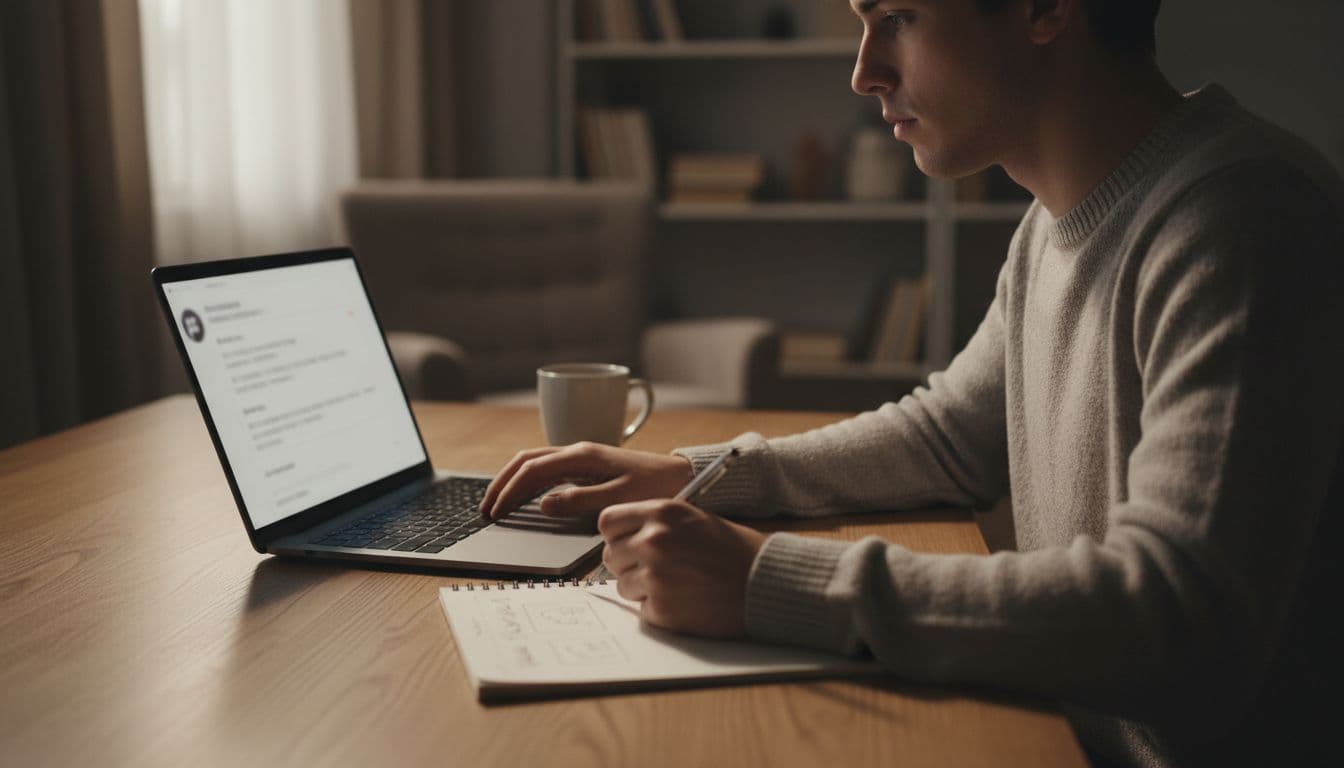 Young adult sits at wooden desk focusing on blurred laptop interface, hand on keyboard, notepad and coffee mug nearby.