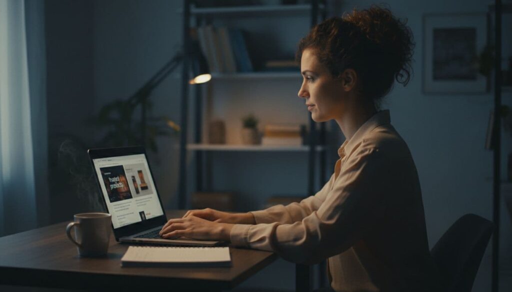 One person seated in a cozy home office at a desk with laptop open to a product review page, relaxed hands on keyboard, notebook and coffee nearby. Side angle cinematic style with dramatic side lighting and muted dark blue-gray tones.