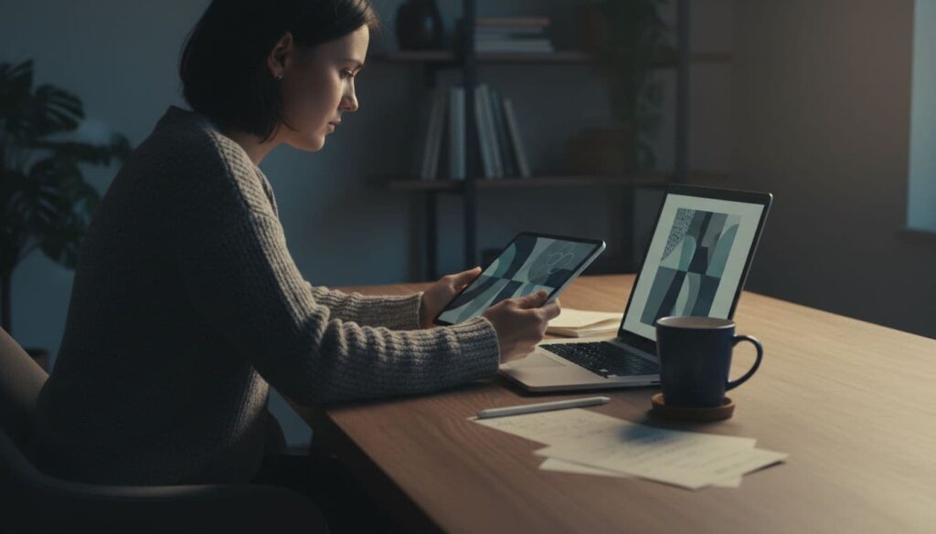 One person in a cozy home office uses a laptop to design a digital printable planner template, with screen showing abstract elements, coffee mug, and notes nearby, in cinematic style with dramatic side lighting and muted tones.
