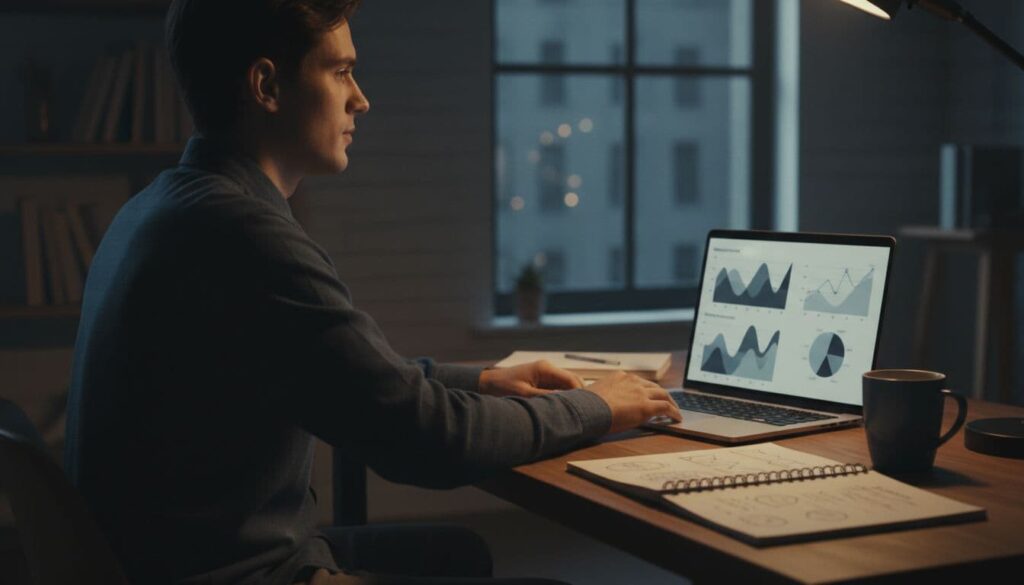 One person seated in a cozy home office at a desk with a laptop displaying vague charts of multiple income streams, a notebook with notes on methods, and a coffee mug nearby, captured in a cinematic side-angle composition with dramatic lighting and muted tones.