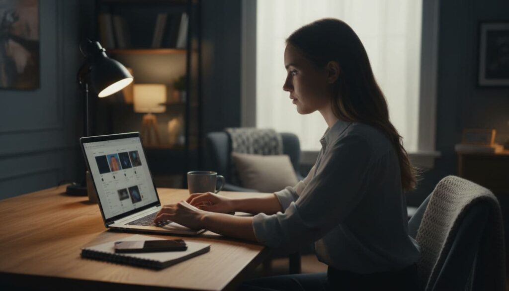 One person seated in a cozy home office at a wooden desk with laptop open to a social media dashboard, hands scheduling posts, smartphone, notebook, and coffee mug nearby. Side angle composition in cinematic style with dramatic side lighting and muted dark blue-gray tones.
