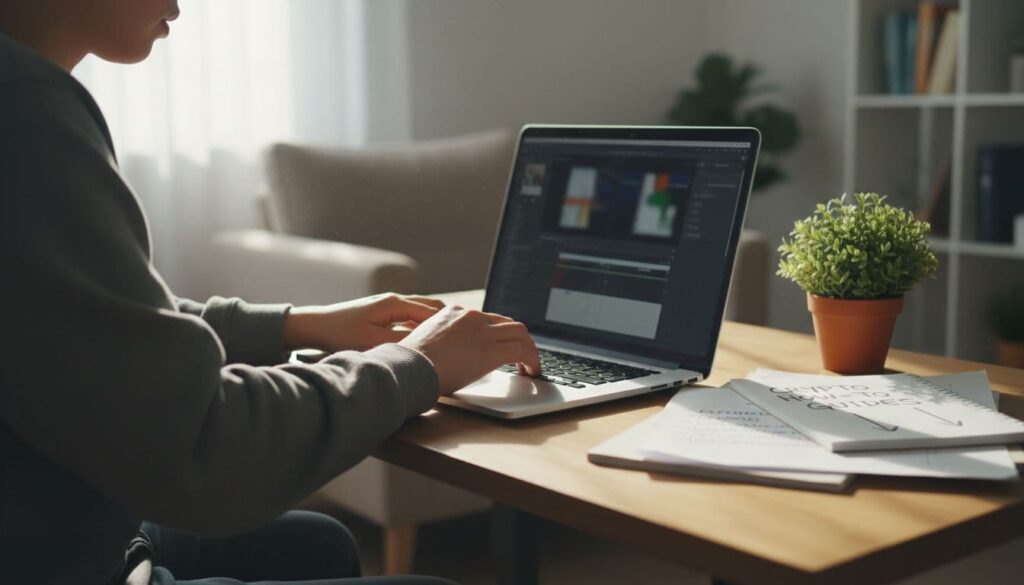 A single person in a home office creates content on a laptop with a faint writing interface visible at an angle, crypto how-to guide notes nearby, relaxed hands typing, soft natural lighting, and a simple desk setup with one plant.
