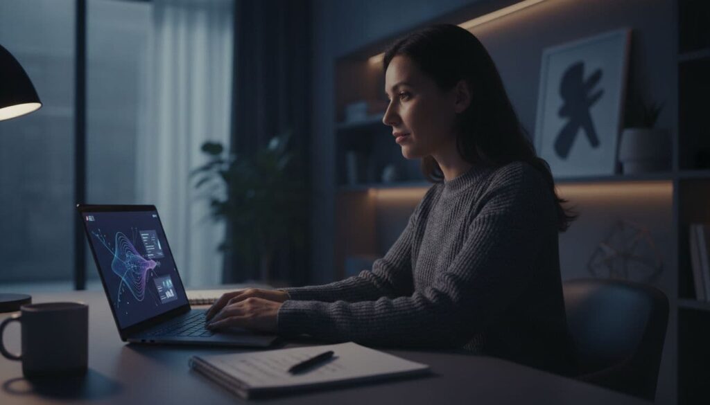 A focused person in a modern home office types relaxed prompts on a laptop showing an AI tool interface, with notepad nearby, in cinematic style with dramatic lighting and muted dark blue-gray tones.