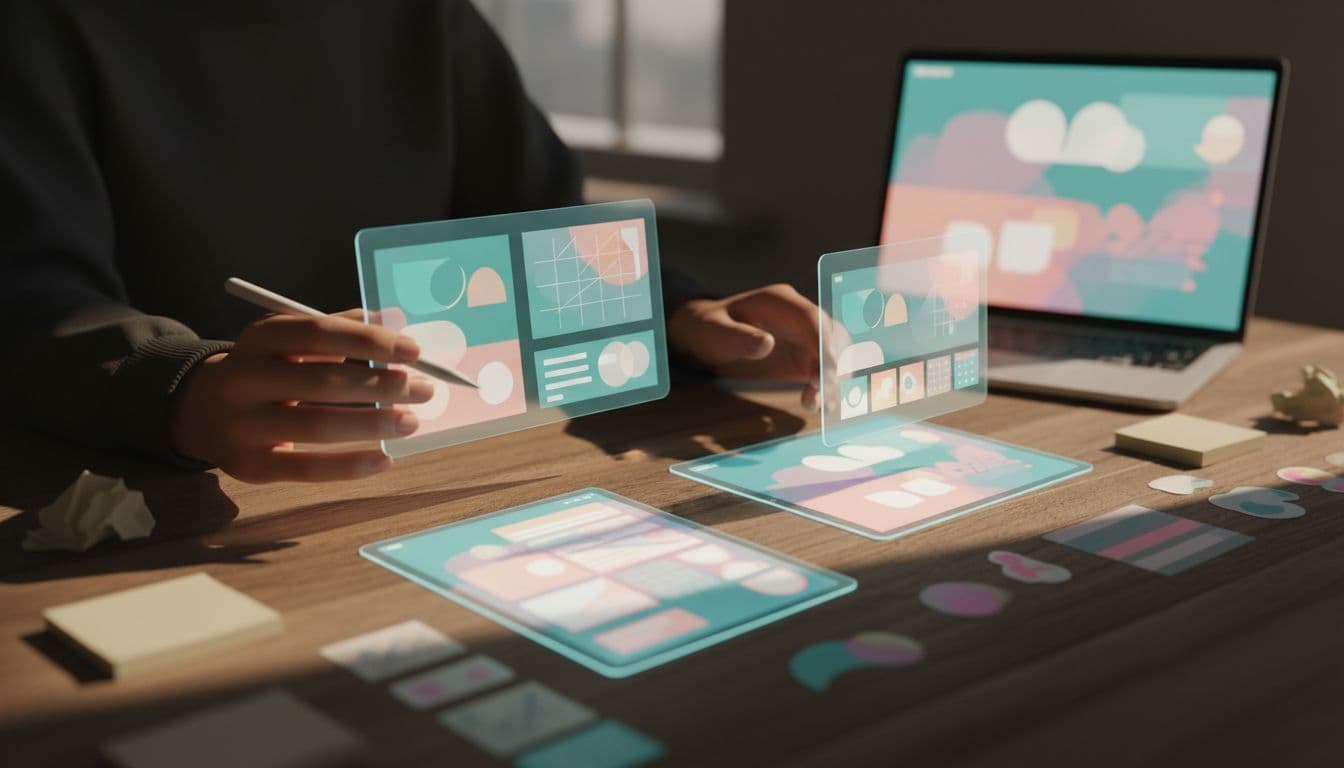 Two hands arrange colorful planner and template mockups on wooden desk with scattered notes and blurred laptop.