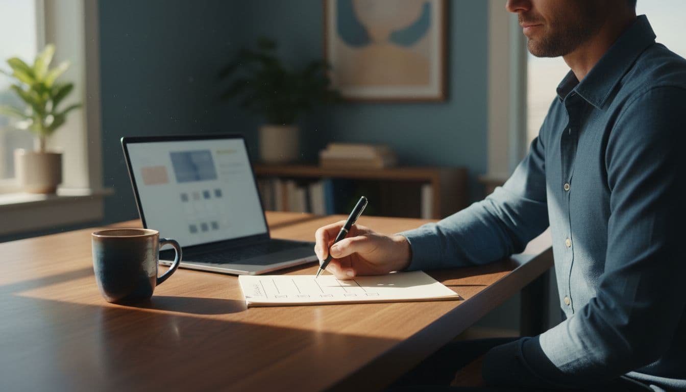 Adult at clean wooden desk in bright home office holds pen near notepad checklist with open laptop and coffee mug.