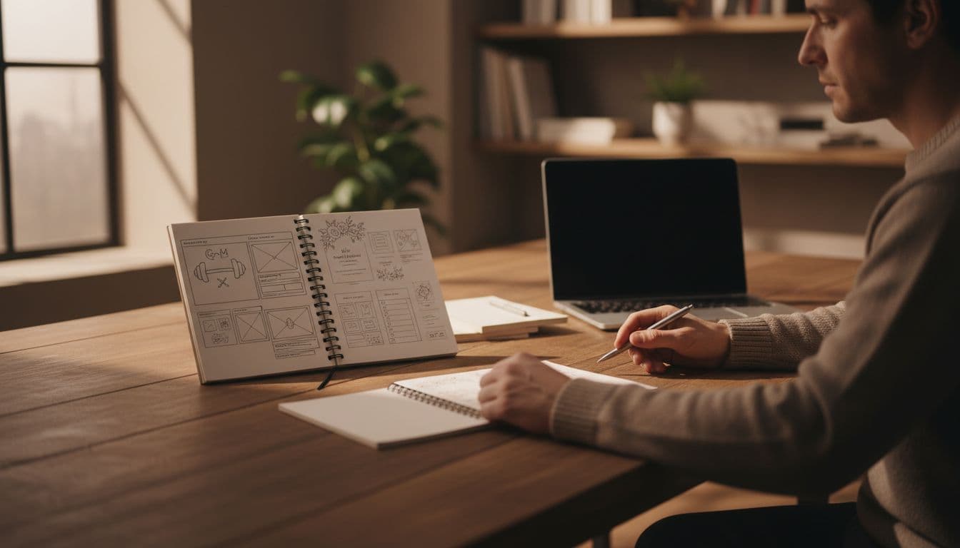 Adult sits at wooden desk in home office reviewing open notebook with sketches of gym social posts and wedding templates.