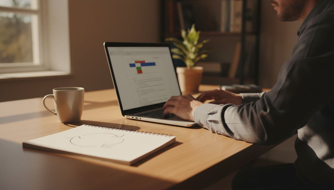 Focused adult at clean wooden desk in bright home office edits indistinct document on laptop, hand near keyboard, coffee mug and notepad with arrow cycle sketch nearby.