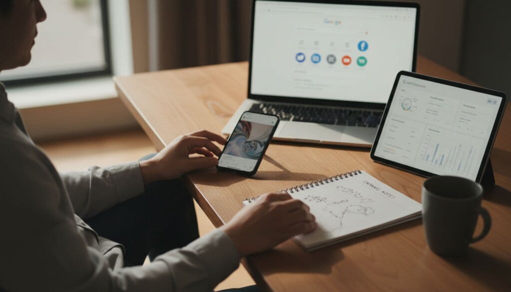 A relaxed marketer at a modern wooden desk handles multiple traffic sources with a blurred laptop screen showing Google search and social icons, tablet email dashboard, angled smartphone TikTok feed, notebook notes, coffee mug, and natural window light.