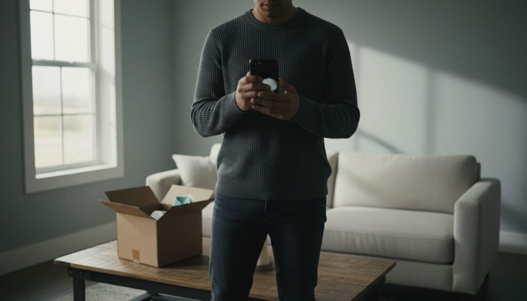 One person stands in a bright living room holding a smartphone to film a product unboxing or demo video, with package on nearby table, in a natural UGC content creation pose. Full body front view in cinematic style with dramatic lighting and muted tones.