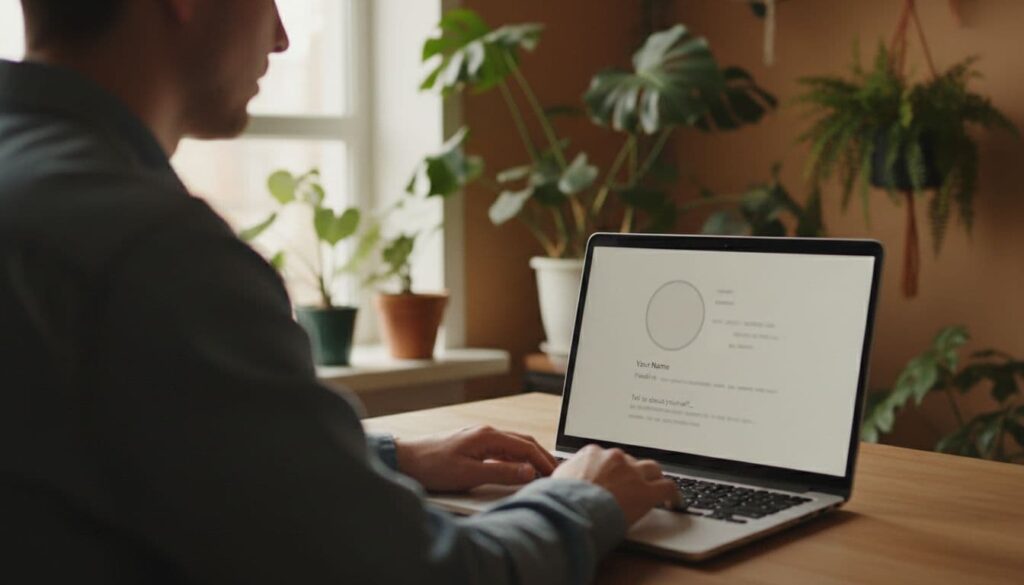 A single person sits at a simple desk with a laptop screen displaying a basic profile setup page featuring placeholder bio and photo areas, hands relaxed near the keyboard, in a cozy room with plants and soft natural light focusing on the setup process.
