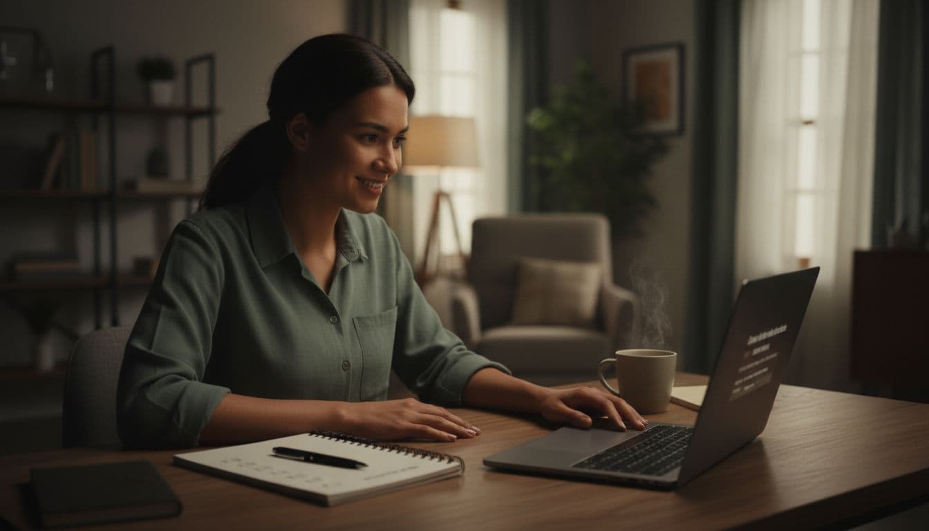 Young adult smiles at laptop screen with blurred Etsy sales notification in cozy home office, notepad and coffee mug on wooden desk.