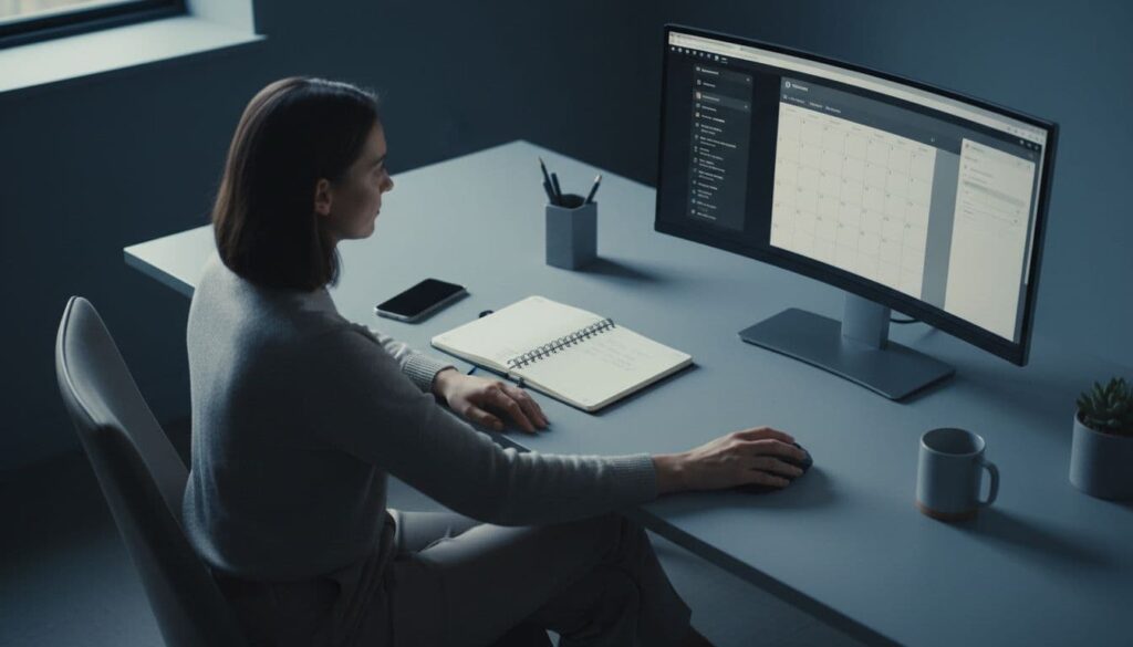 A single person in a modern home office sits relaxed at a desk using a desktop computer to handle calendar and emails, with a planner notebook and phone on the organized workspace, captured from a slight overhead angle in cinematic style.