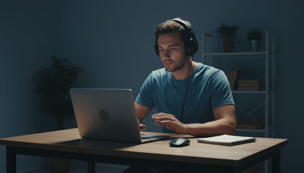 A single person wearing headphones at a simple home desk uses a laptop for website testing or audio transcription in a relaxed, focused pose. Cinematic style with dramatic side lighting, strong contrast, and muted dark blue-gray tones.