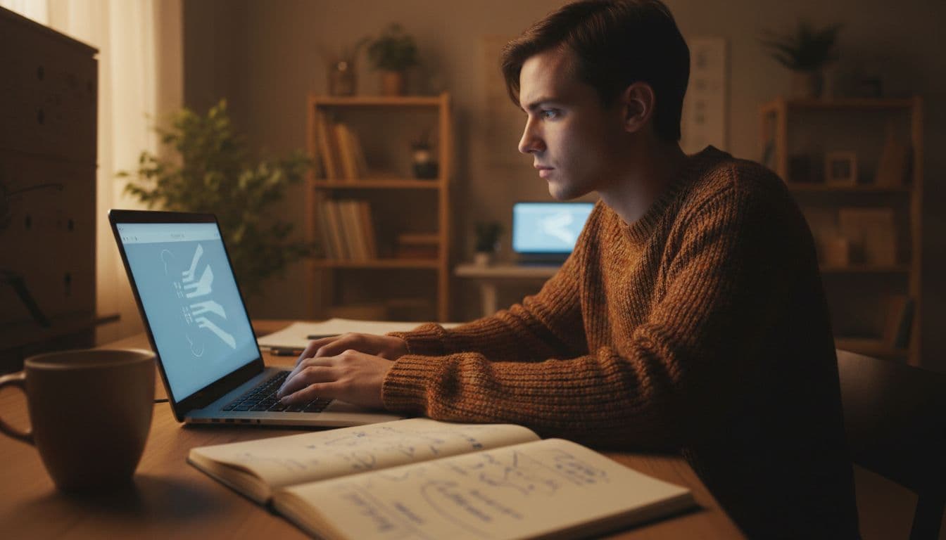 Young creator types on laptop at desk with blurred screen interface, open notepad of handwritten edits, and coffee mug in cozy workspace.