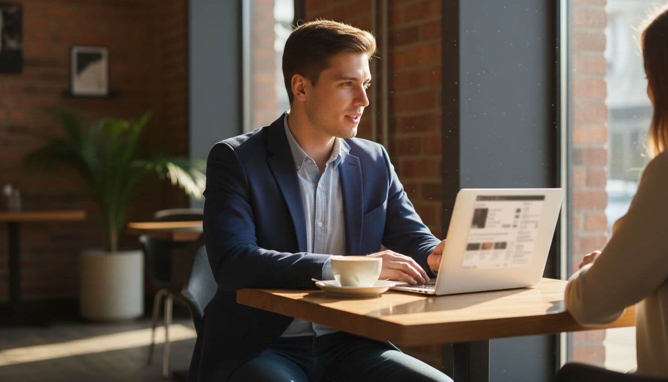 Young professional in casual business attire sits at cafe table with open laptops and coffee cups.