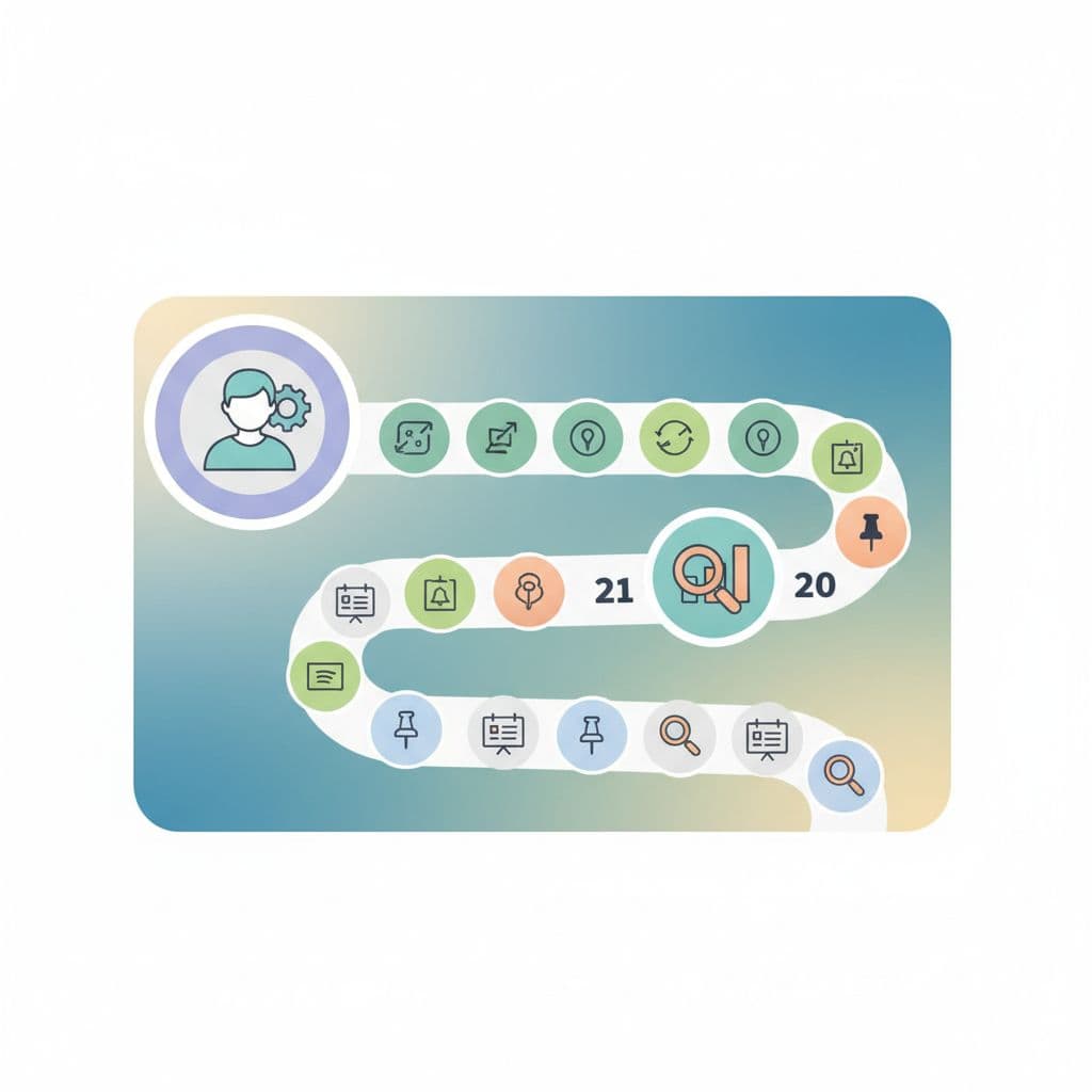 A modern, minimalist illustration showing a thirty-day path marked with icons for profile setup and analytics.