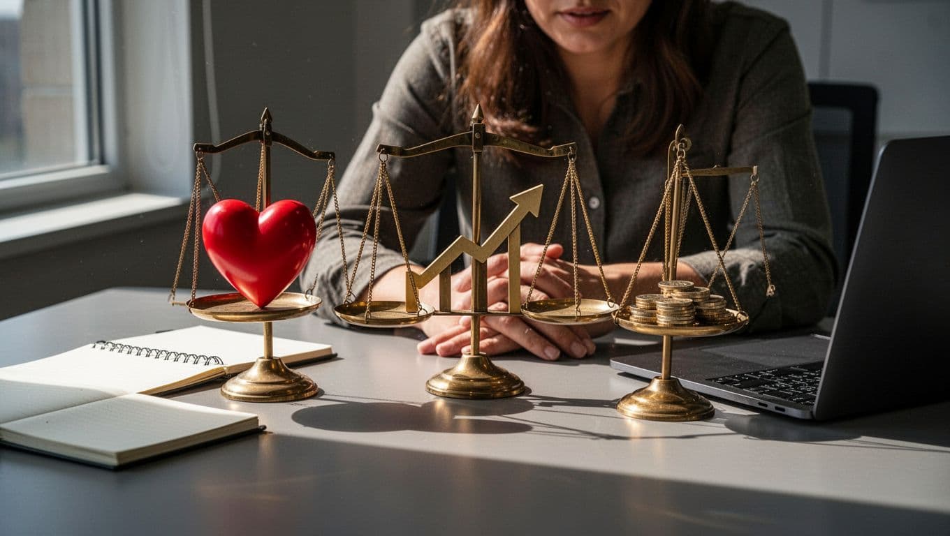 Three balanced scales on a modern office desk hold heart, rising graph, and coin icons; one person reviews them with relaxed hands under dramatic side lighting.