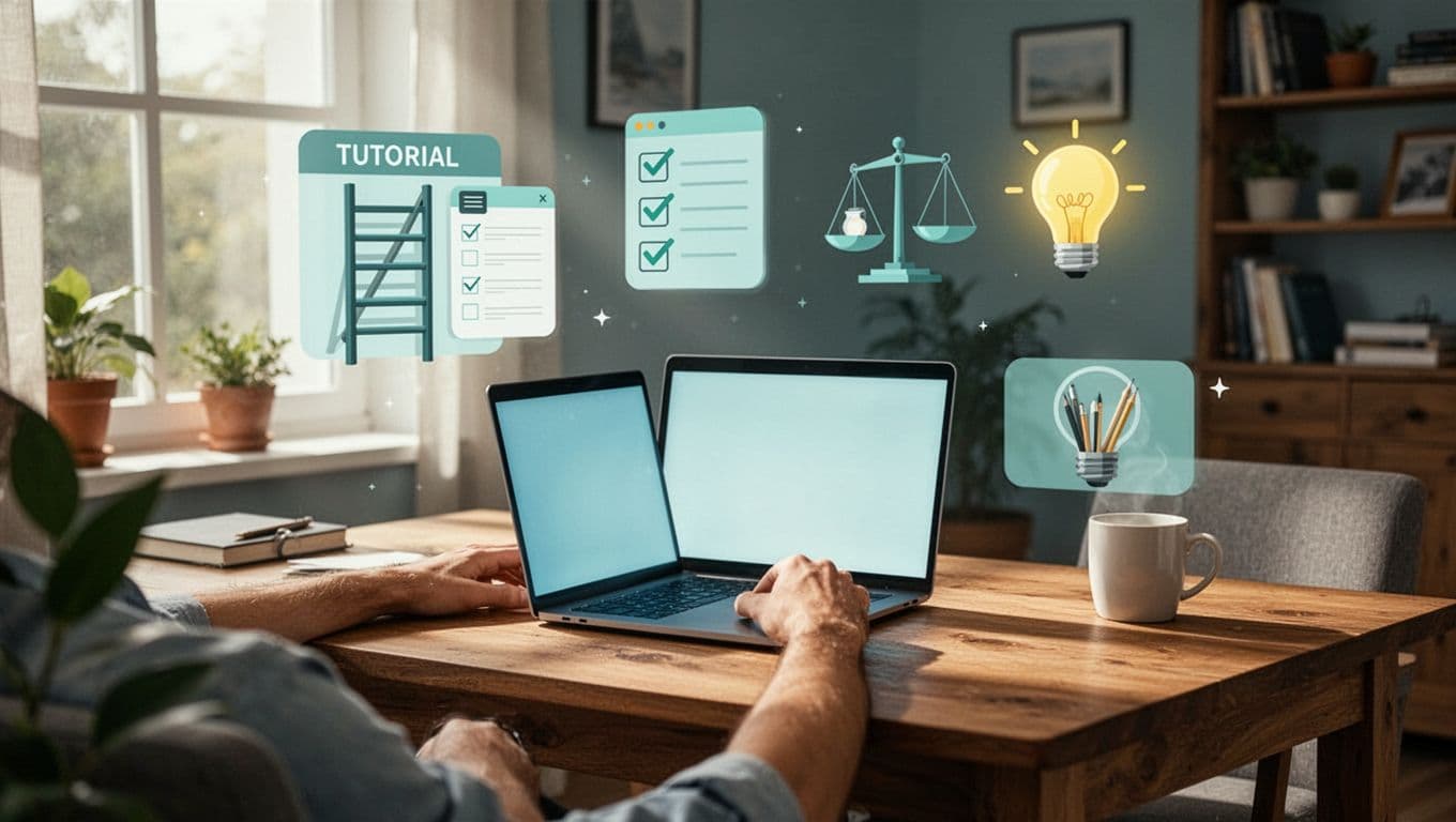 Beginner at wooden desk in home office, laptop open, surrounded by floating tutorial ladder, checklist, scale, and lightbulb icons.