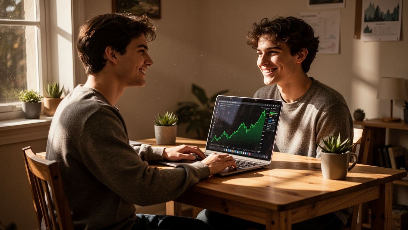 Young adult sits at wooden desk in home office, smiling at upward green graph on laptop.