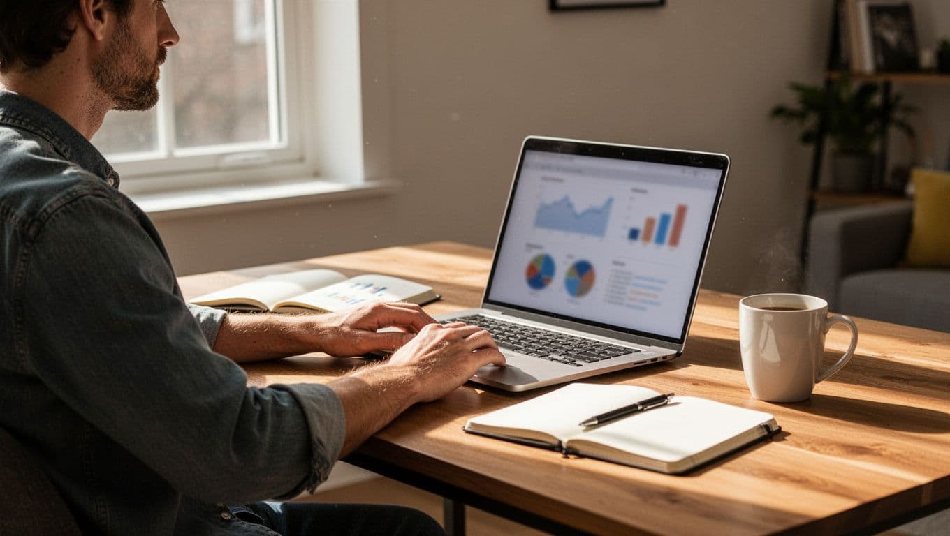 Person sits relaxed at modern wooden desk in bright home office, laptop showing blurred charts, notebook and coffee nearby.