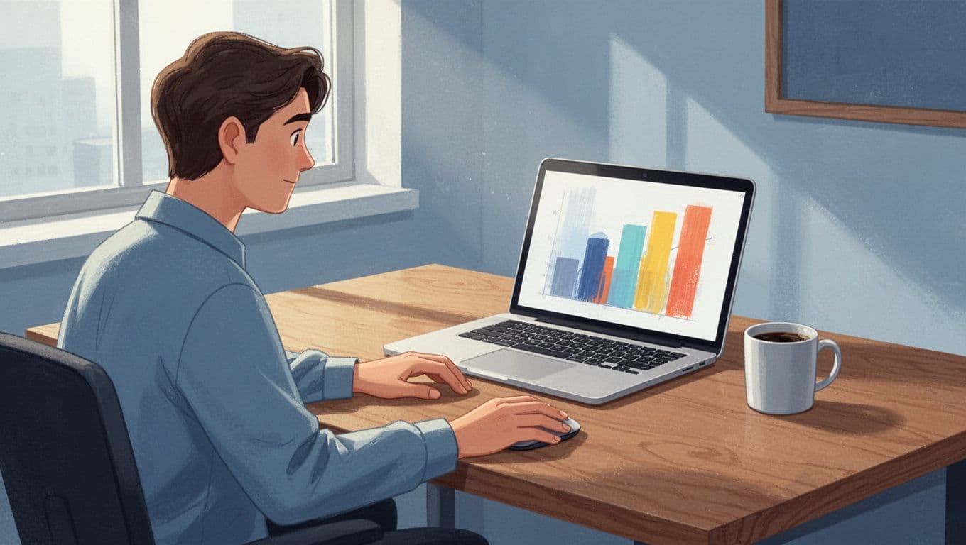 Person at wooden desk in cozy office views colorful bar chart on angled laptop, hands near mouse, coffee mug beside.