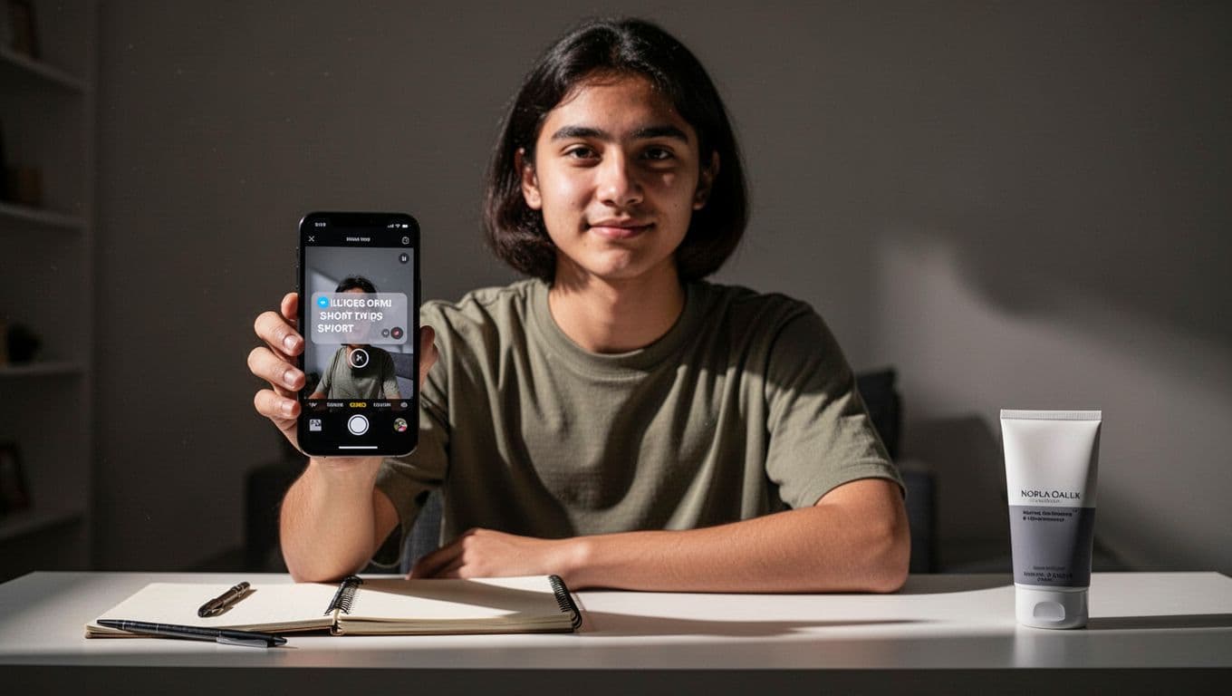 Young adult holds smartphone in one hand filming at home desk with notebook and product nearby, screen shows recording.