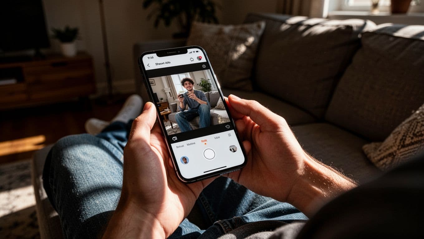 Young adult relaxes on living room couch, editing short video on angled smartphone app interface, one hand holds phone other rests naturally.