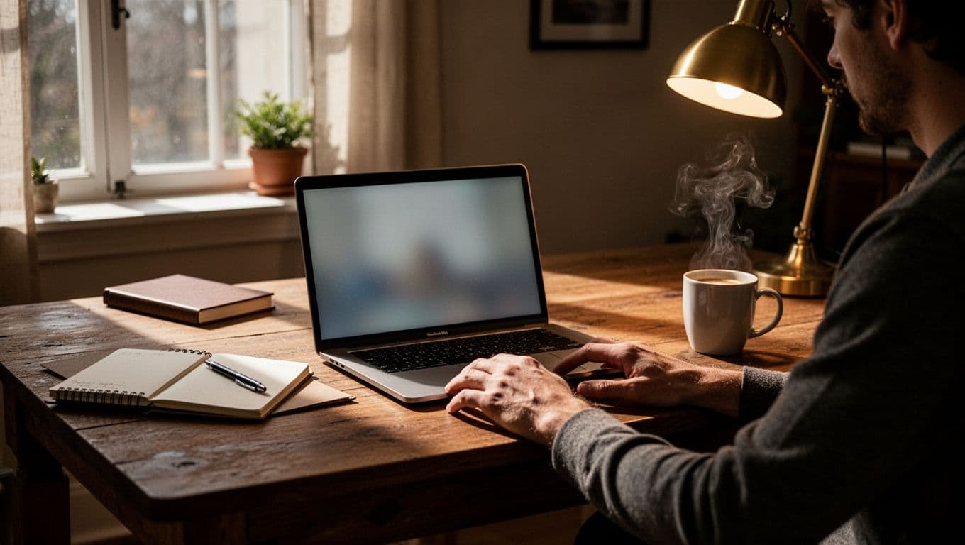 One person sits at wooden desk in home office, open laptop shows blurred email dashboard, notebook, pen, and coffee mug nearby.