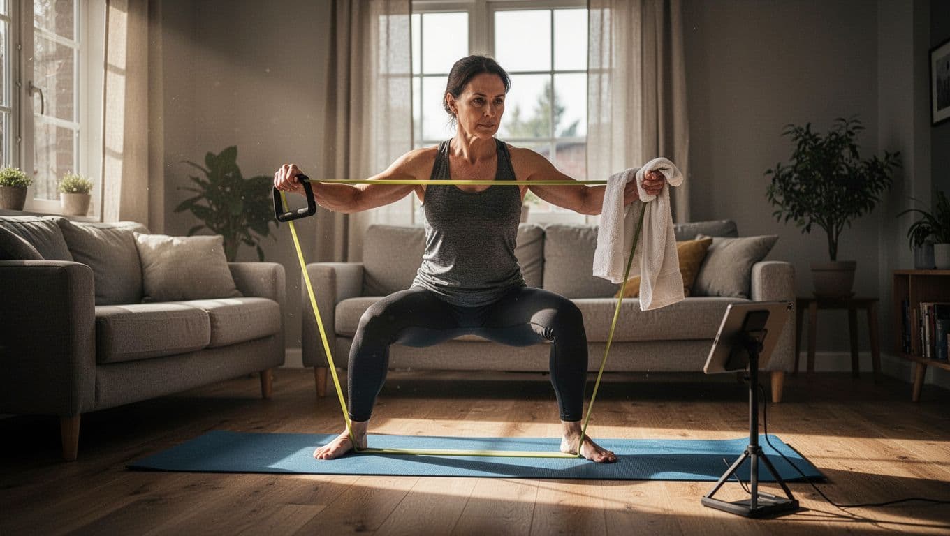Beginner adult in living room does simple workout guided by tablet app on yoga mat with resistance band and towel.