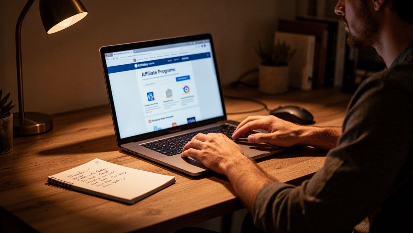 Marketer at home desk views blurred affiliate listings on laptop with notepad nearby.