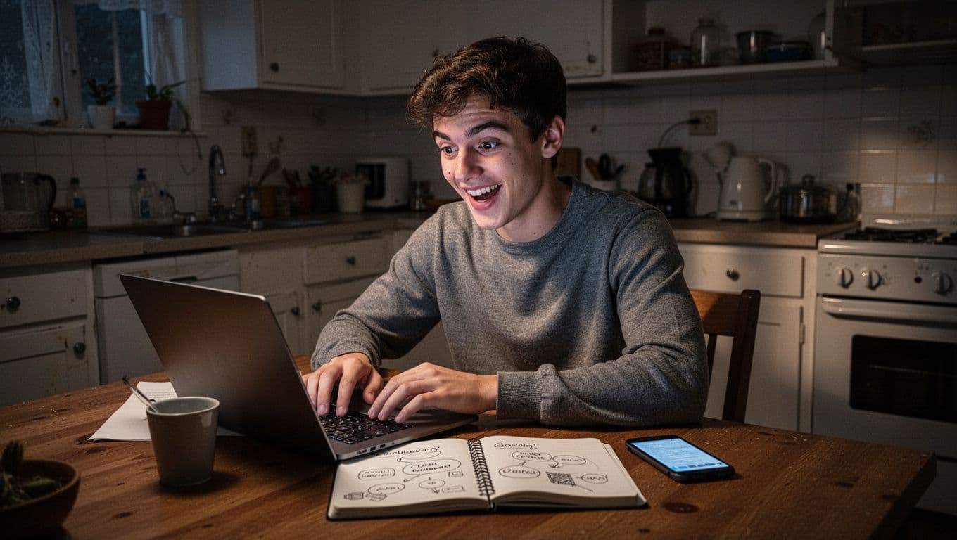 Focused person at kitchen table with laptop showing blurred training platform, notebook, and phone in evening light.