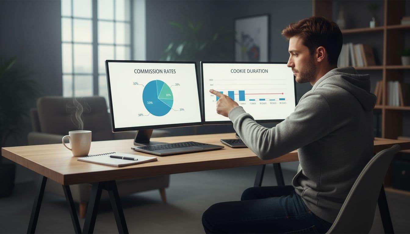 Young blogger in casual clothes gestures at two laptop screens showing commission pie chart and cookie timeline graph, with coffee mug and notepad on desk.