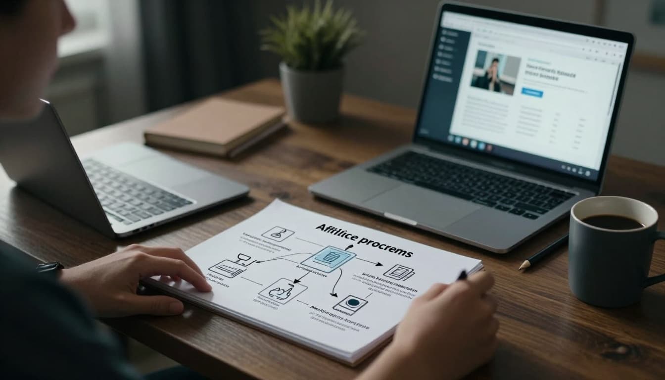 Young blogger at home desk with notepad diagram mapping tutorials, reviews, comparisons to product icons, blurred laptop nearby.
