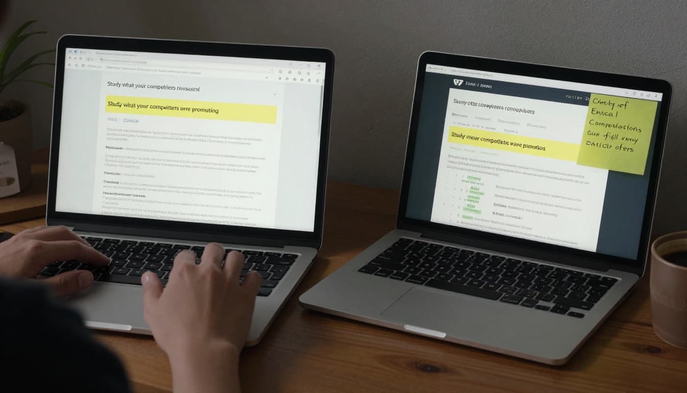 Blogger at home desk reviews competitor site on laptop and tablet side by side, highlighting banners and links with notes, coffee nearby.